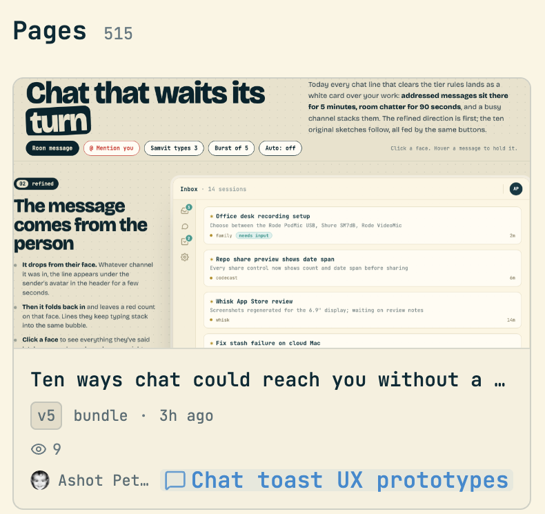 The Pages screen in the codecast web app, 515 pages, showing one card: a thumbnail of a page titled Chat that waits its turn, the title Ten ways chat could reach you without a…, version 5, bundle, 3h ago, 9 views, the author, and a link to the session Chat toast UX prototypes