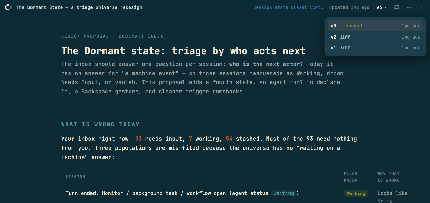 A published codecast page titled 'The Dormant state: triage by who acts next' with the version dropdown open showing v3 current and diff links for v2 and v1, plus a link back to the originating session