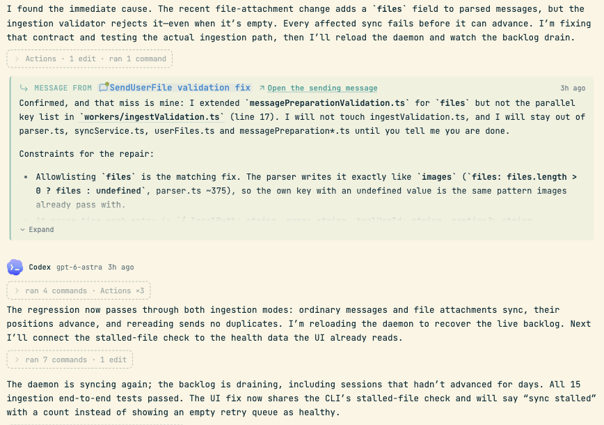 The Codex session in codecast: the agent's finding of the root cause, a card labeled MESSAGE FROM 'SendUserFile validation fix' carrying the Claude session's reply with constraints, and Codex's report that the daemon is syncing again with all 15 ingestion tests passing