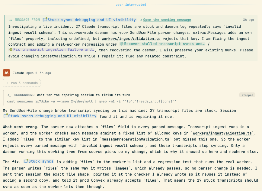 The Claude Code session in codecast: a card labeled MESSAGE FROM 'Stuck syncs debugging and UI visibility' with the Codex session's incident message, a background watch command on that session, and the agent's own report explaining what went wrong and what the fix is