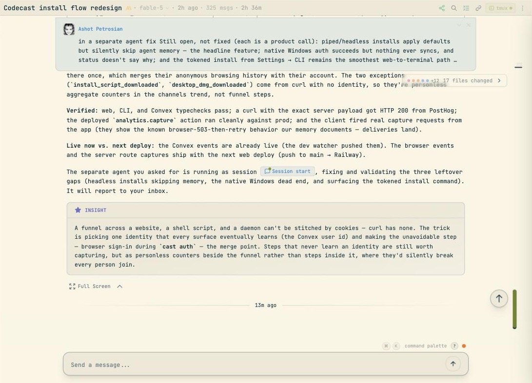 A codecast conversation view showing an agent's report with a session reference chip and a reply box