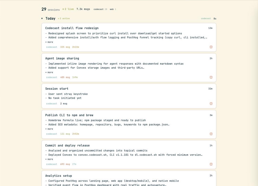 The codecast web app showing a workspace feed of agent sessions with titles, summaries, and message counts