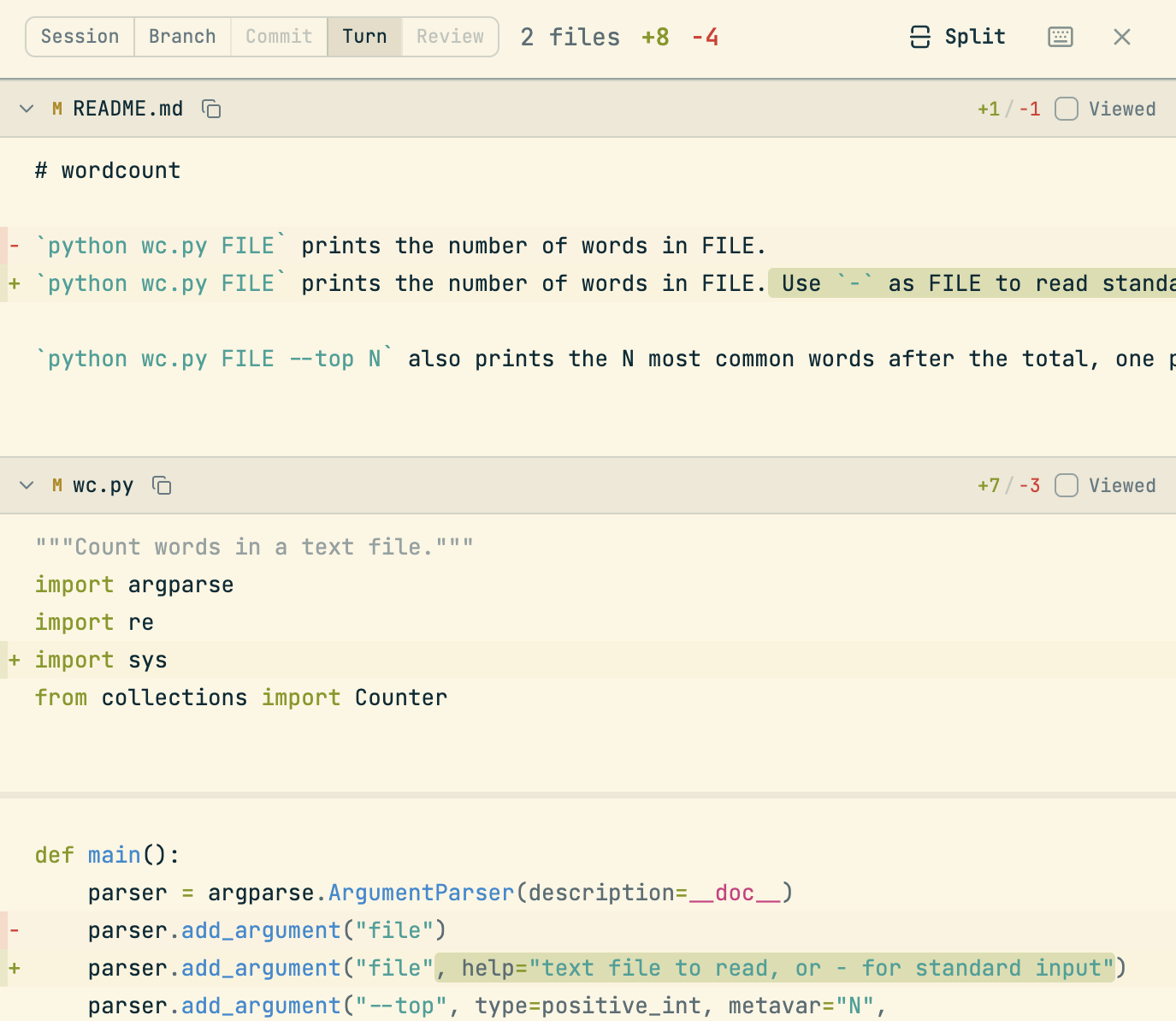 The diff panel on the Turn tab: 2 files, +8 -4. README.md has one line changed to add Use - as FILE to read standard input. wc.py adds import sys and a help text on the file argument