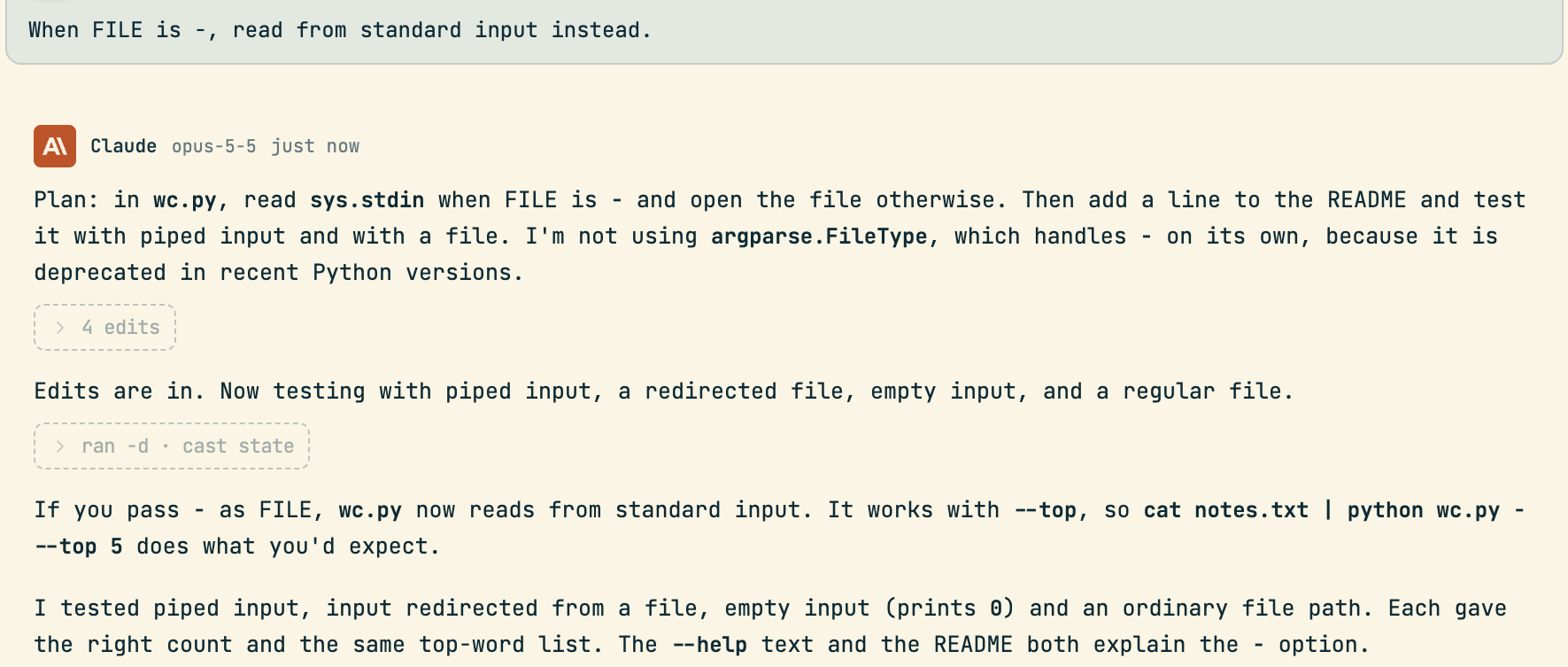 The follow-up When FILE is -, read from standard input instead, and Claude's reply under it: its plan, a folded row of 4 edits, its test run, and a summary saying wc.py now reads from standard input when FILE is -
