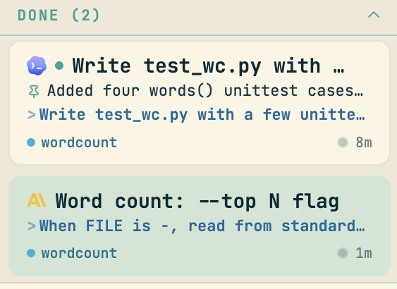 Two session cards under DONE (2): a Codex session titled Write test_wc.py with ..., summarized as Added four words() unittest cases; and a Claude Code session titled Word count: --top N flag, whose last message reads When FILE is -, read from standard input. Both are in the wordcount project