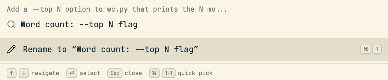 The rename box: the old title in grey on top, the new name Word count: --top N flag typed below it, and one row reading Rename to Word count: --top N flag