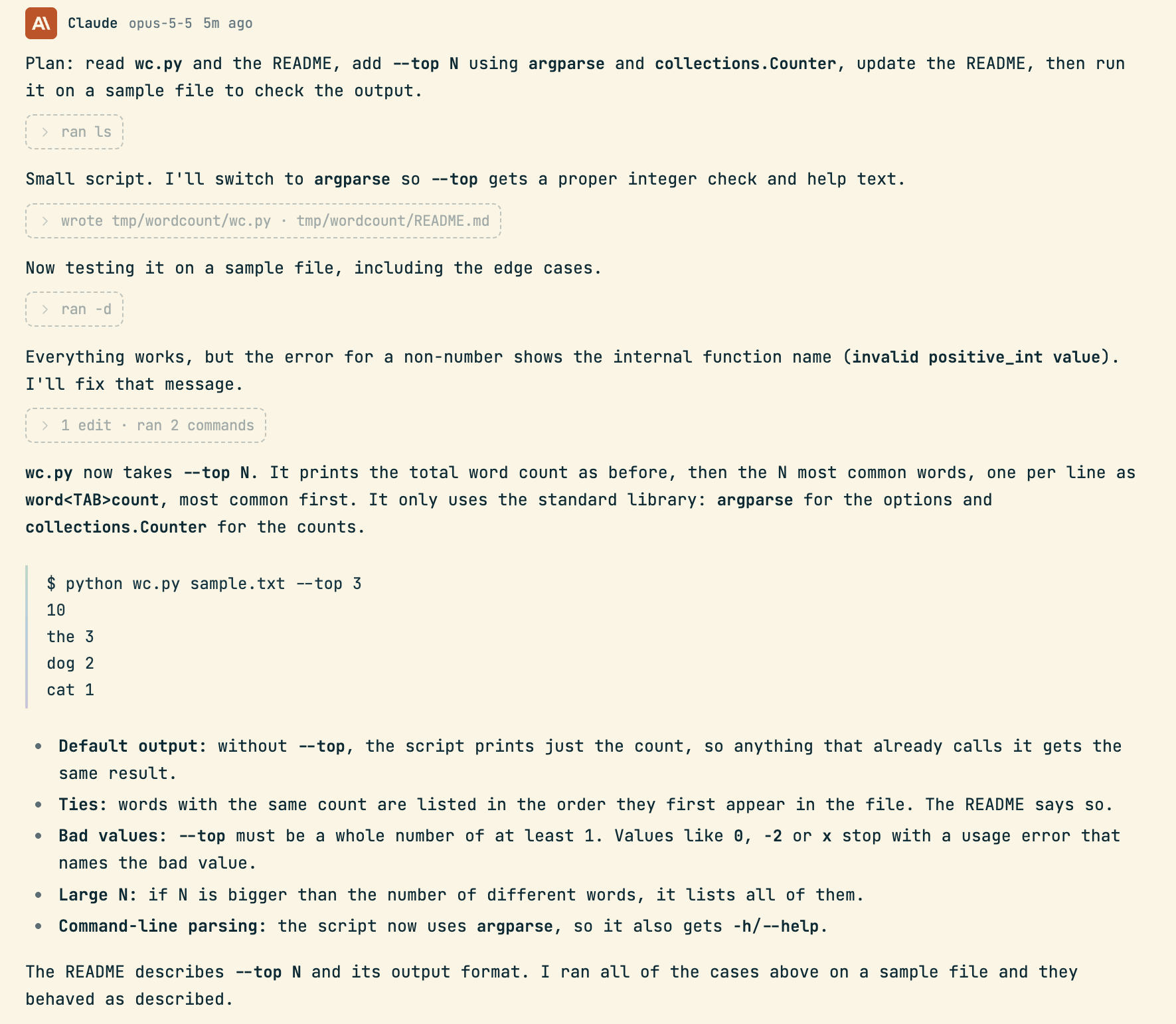 Claude's reply in the session: its plan, folded rows for the commands it ran and the files it wrote, and its summary of the change, with sample output of python wc.py sample.txt --top 3 printing 10, the 3, dog 2, cat 1