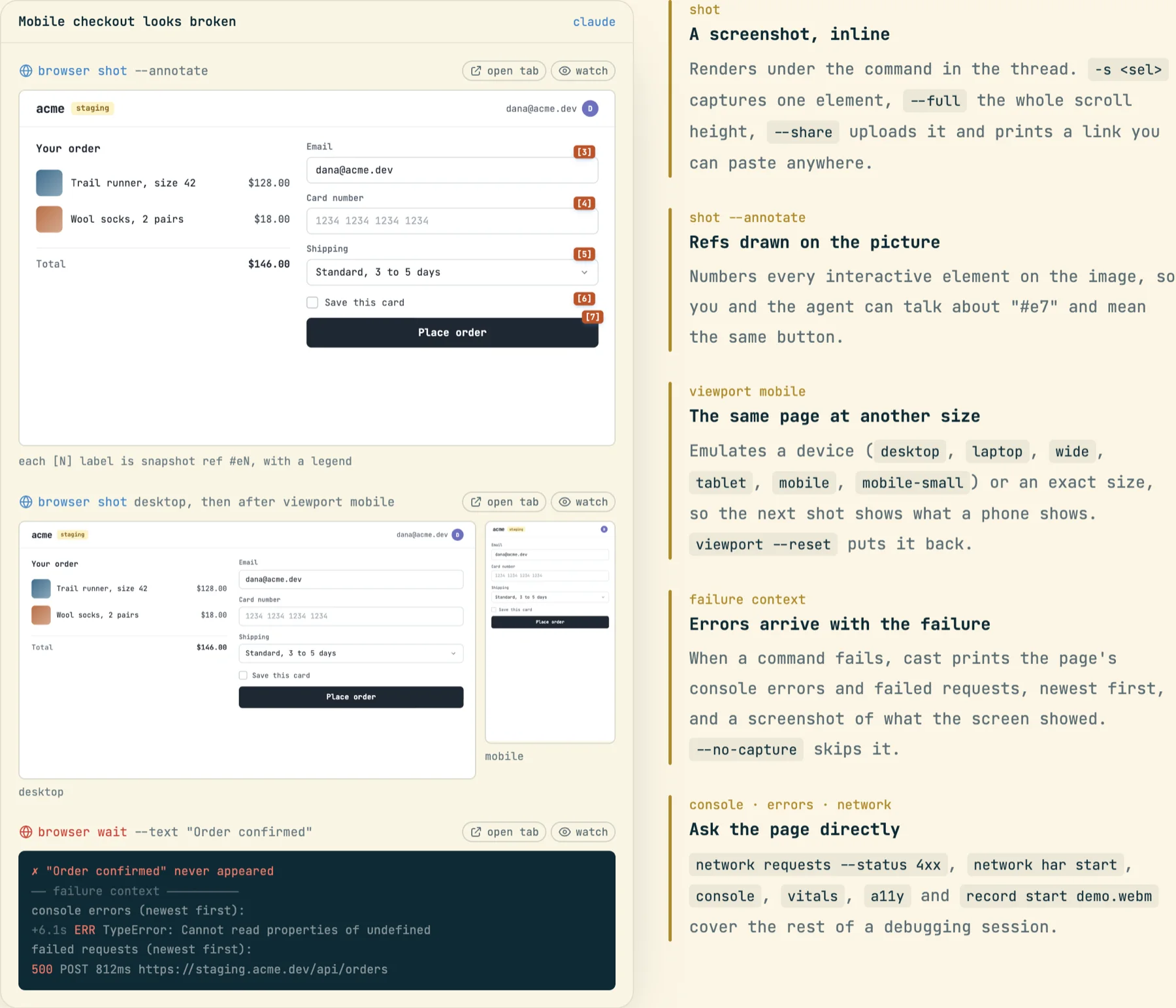 A conversation titled Mobile checkout looks broken: a browser shot --annotate row with numbered labels on each control, a desktop and mobile shot side by side after viewport mobile, and a failed wait row with console errors and a 500 request.