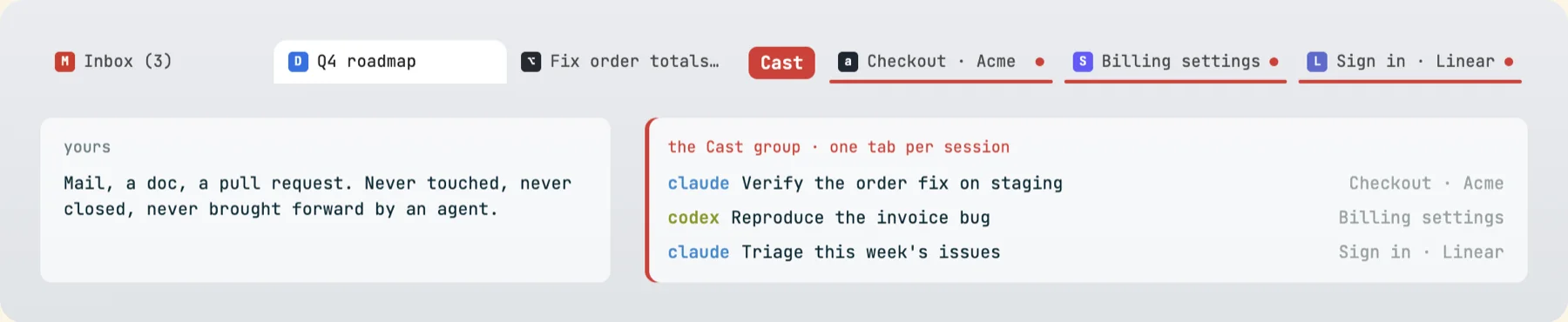 A tab strip with the user's own tabs (Inbox, Q4 roadmap, a pull request) on the left and a red Cast group on the right holding three agent tabs, with a legend mapping each tab to the claude or codex session that owns it.