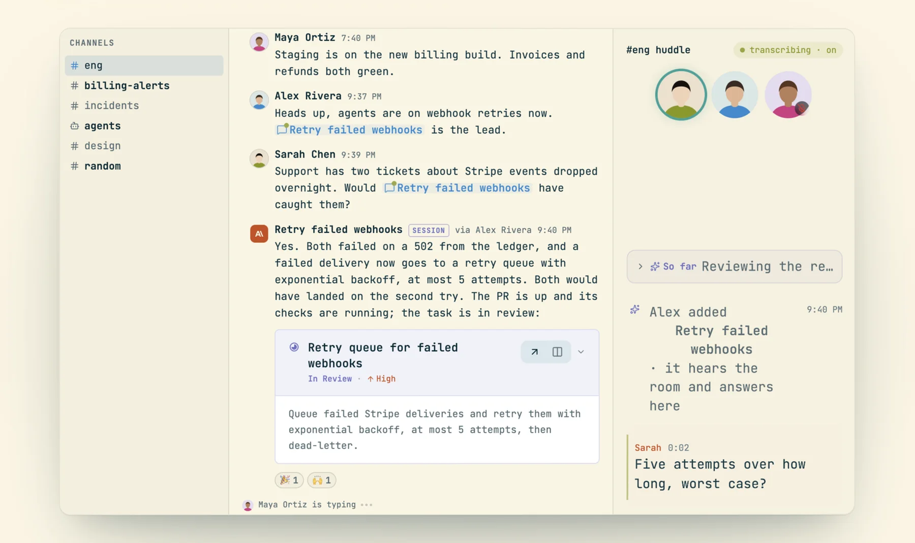 The codecast team chat from the product film: channels on the left, a #eng thread where a session titled Retry failed webhooks answers a teammate's question with a task card, and on the right an #eng huddle panel showing transcribing on, three participants, a note that Alex added the session so it hears the room and answers there, and Sarah's transcribed line.