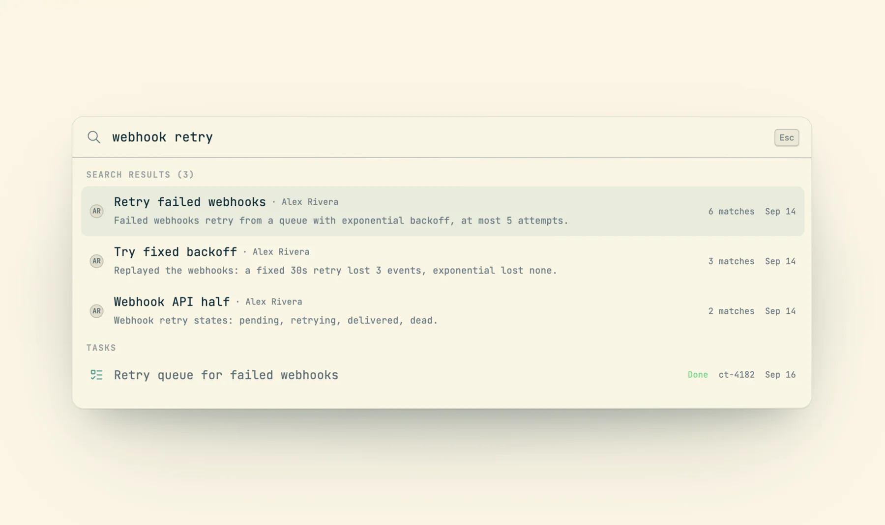 The command palette with the query 'webhook retry': three session results by Alex Rivera with match counts and dates, and a Done task ct-4182 below