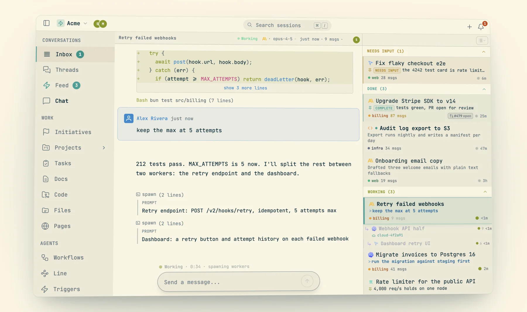 The inbox after a lead session spawned two workers: under 'Retry failed webhooks' in Working, two indented child rows, 'Webhook API half' on a cloud host and 'Dashboard retry UI', each with its own agent icon and message count