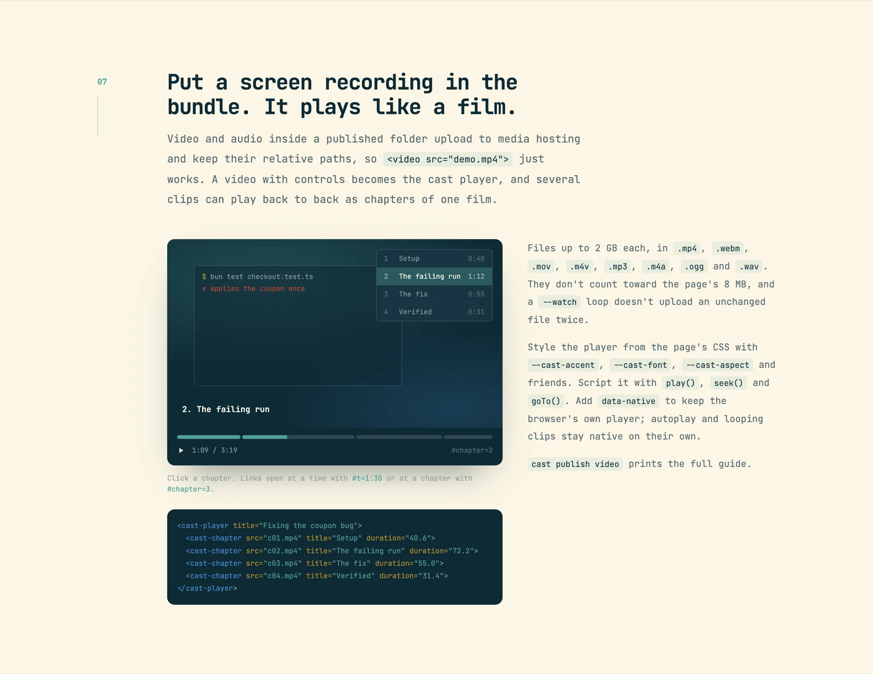 The publish page section 'Put a screen recording in the bundle. It plays like a film.': a dark cast player showing a failing bun test, a chapter list (Setup 0:40, The failing run 1:12, The fix 0:55, Verified 0:31) with chapter 2 active, a segmented progress bar at 1:09 / 3:19 and '#chapter=2'