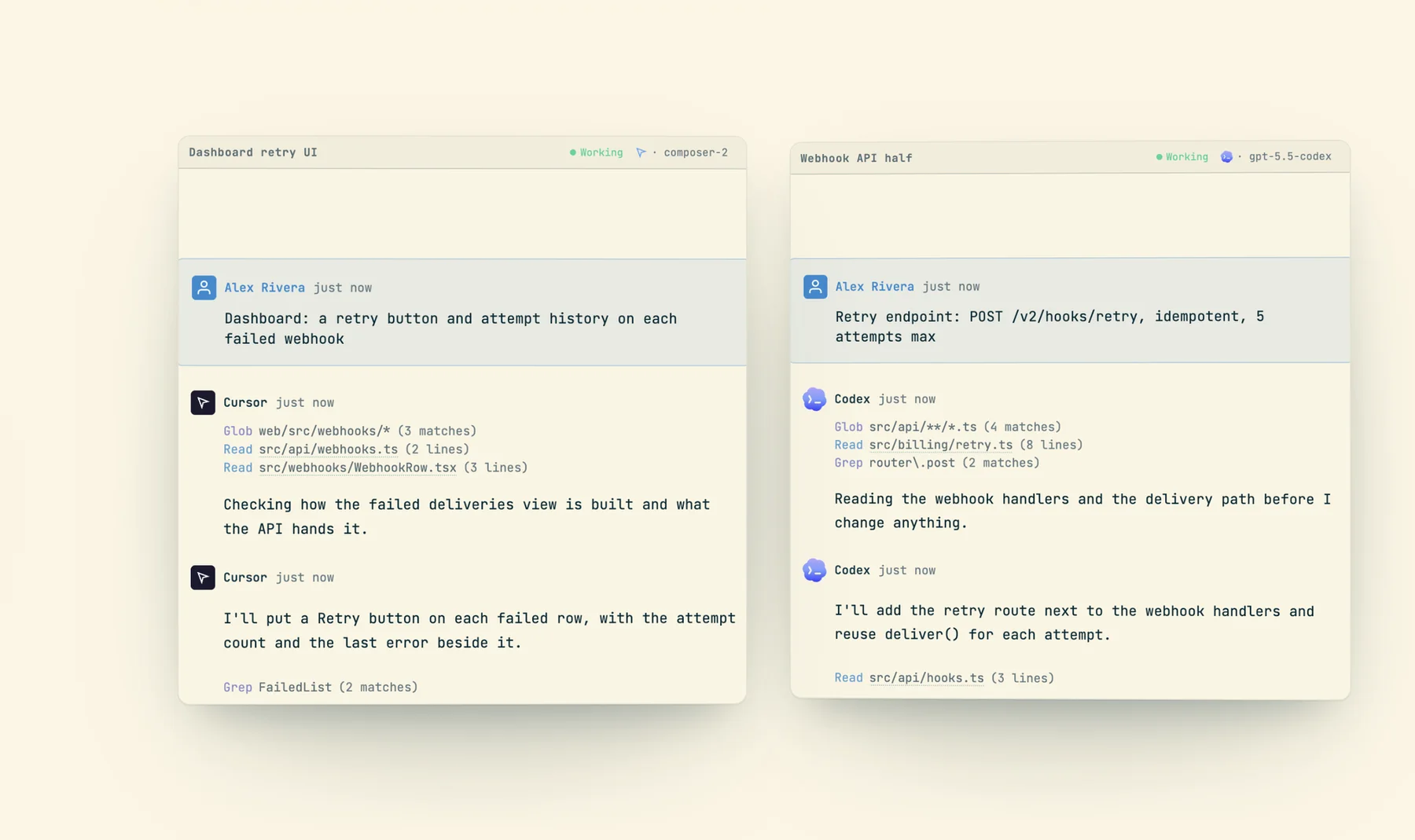 Two worker sessions side by side under one lead: 'Dashboard retry UI' running on Cursor composer-2 and 'Webhook API half' running on Codex gpt-5.5-codex, both working on parts of a webhook retry feature