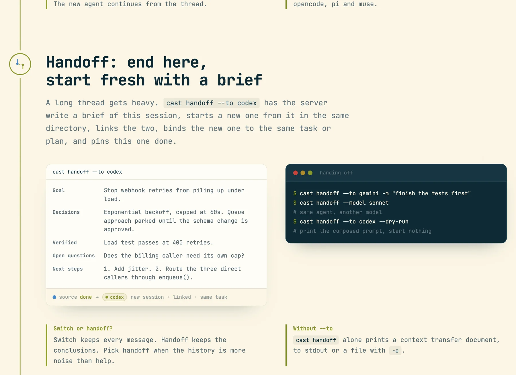 The /features/agents handoff section: a brief with Goal, Decisions, Verified, Open questions and Next steps, a footer showing source done arrow codex new session linked same task, and a terminal with cast handoff examples