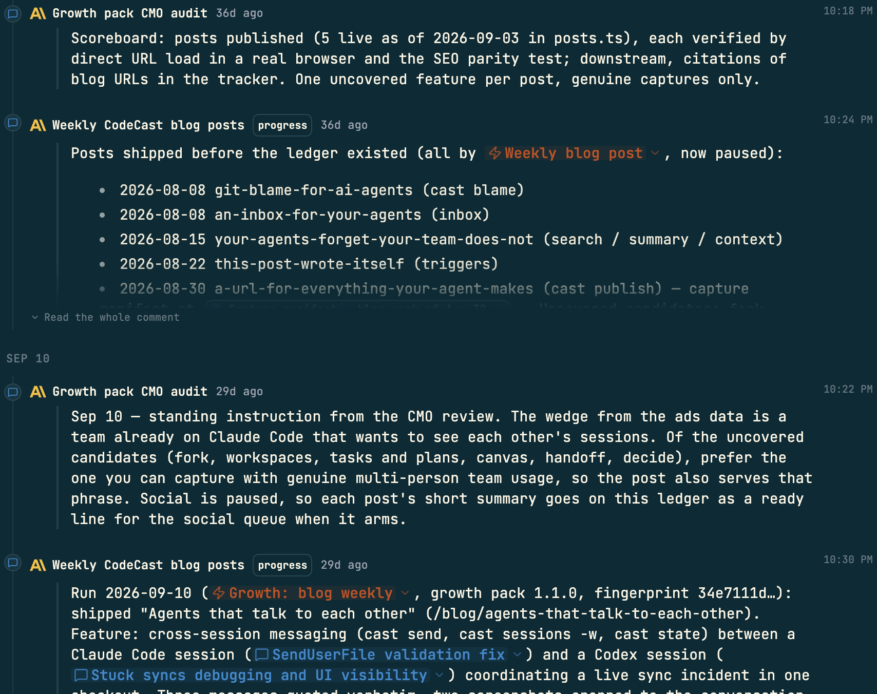 The task's activity timeline: a filter row reading All 14, Changes 1, Comments 13; a Sep 3 entry from the agent Growth pack CMO audit with a scoreboard note; a Sep 3 progress comment from the agent Weekly CodeCast blog posts listing the posts shipped so far, with a live pill for the trigger that wrote them; a Sep 10 standing instruction from the review agent; and a Sep 10 run entry from the blog agent with live pills for the two sessions it quotes