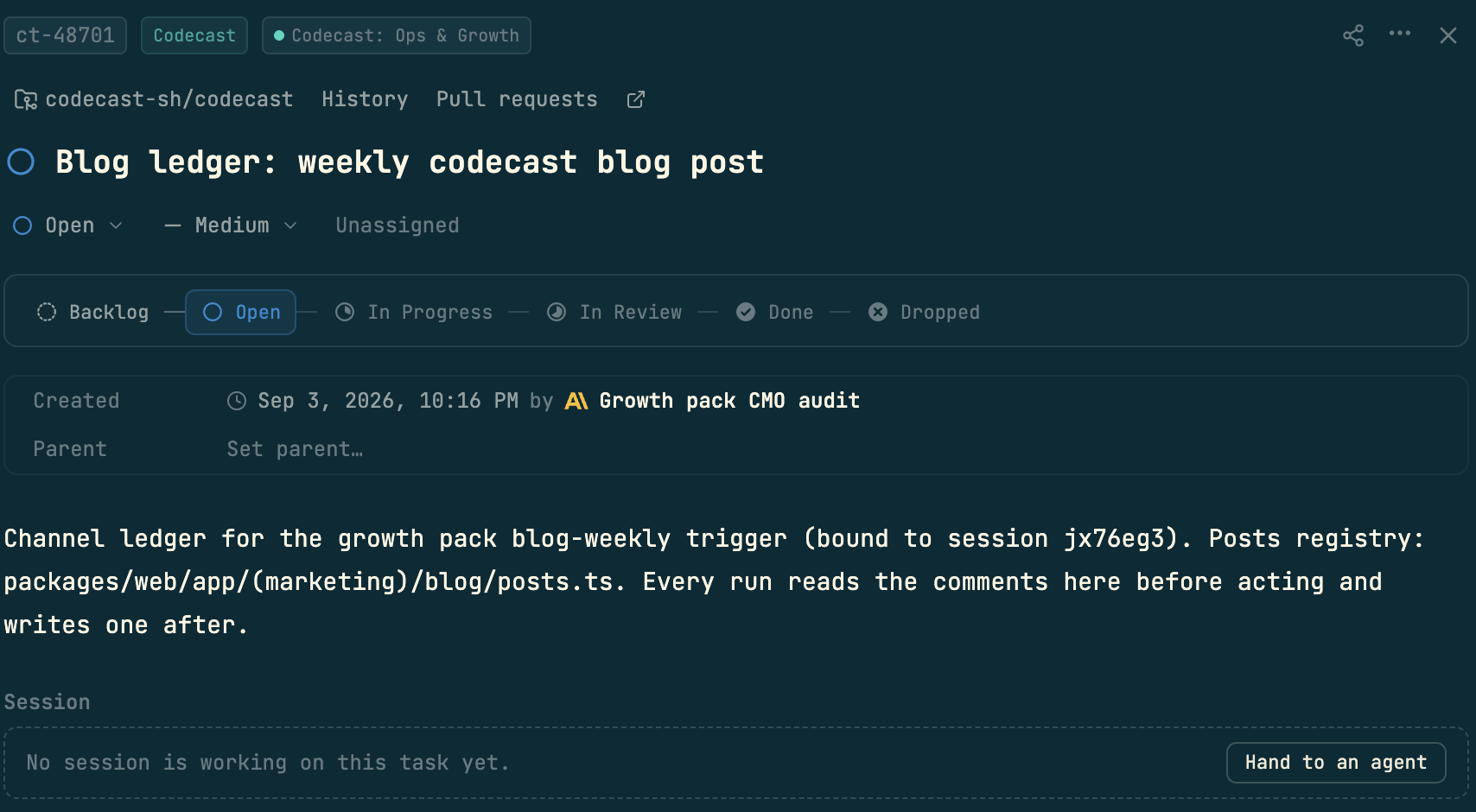 A task page in codecast: the task id, a project chip, links to the repository, its history and pull requests, the title, a status dropdown and priority, a status track from Backlog through Open, In Progress, In Review, Done and Dropped, a Created row naming the agent session that created it, the description, and a Session box offering to hand the task to an agent