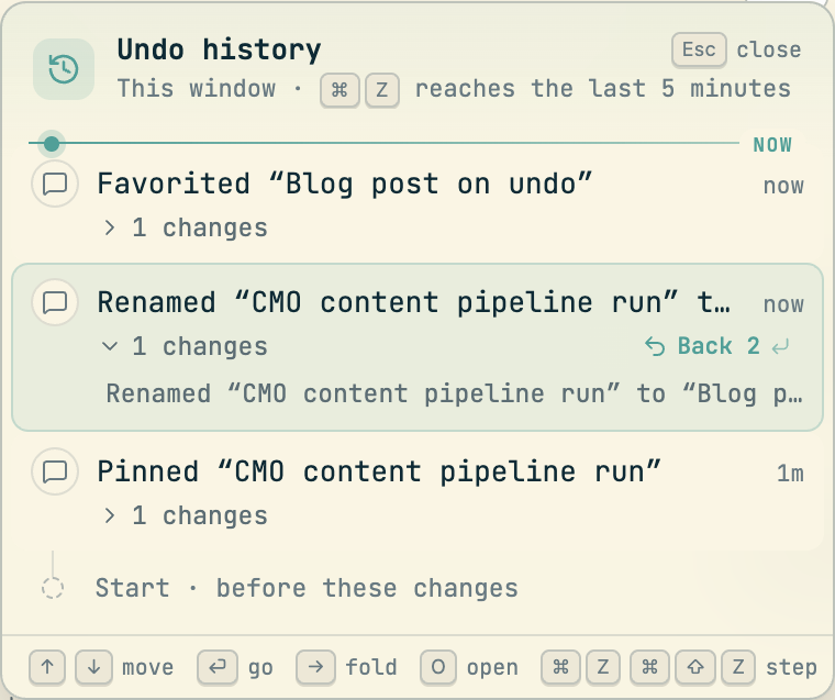 The same card with the Renamed row selected and unfolded, showing Renamed CMO content pipeline run to Blog p..., and a Back 2 button on the row