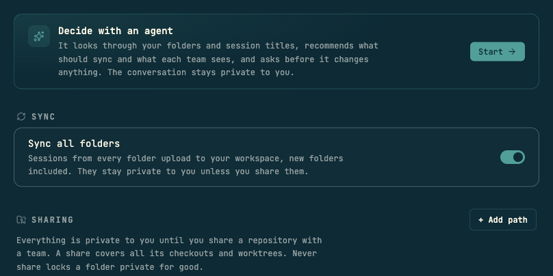 The top of the Sync and Privacy settings page: a card offering to decide with an agent that reads folders and session titles and asks before changing anything, a Sync all folders toggle turned on, and the Sharing section explaining that everything is private until a repository is shared with a team and that a share covers all checkouts and worktrees