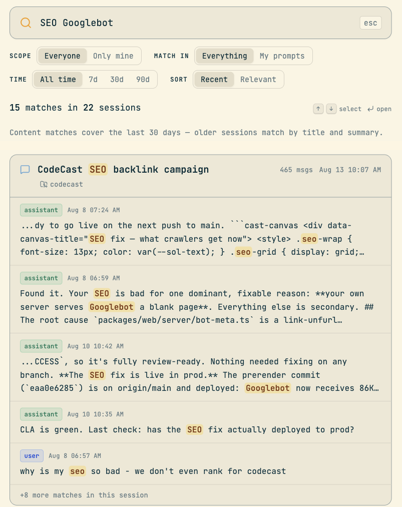 The codecast web app search page showing the query 'SEO Googlebot', filter controls, and a result card for the session 'CodeCast SEO backlink campaign' with five matching messages including the root-cause diagnosis