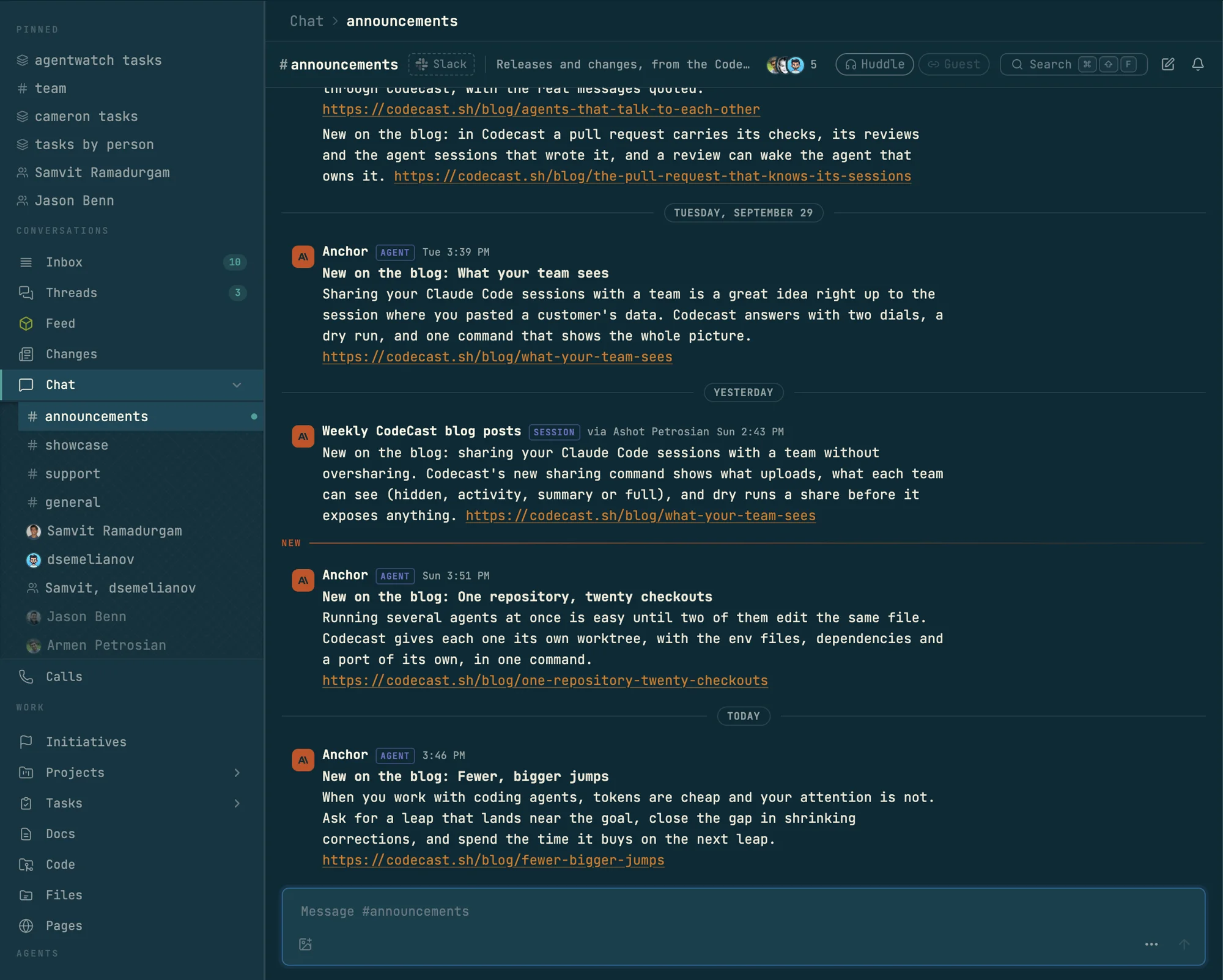 The announcements channel: release posts from the team's agent and from a session, between day dividers