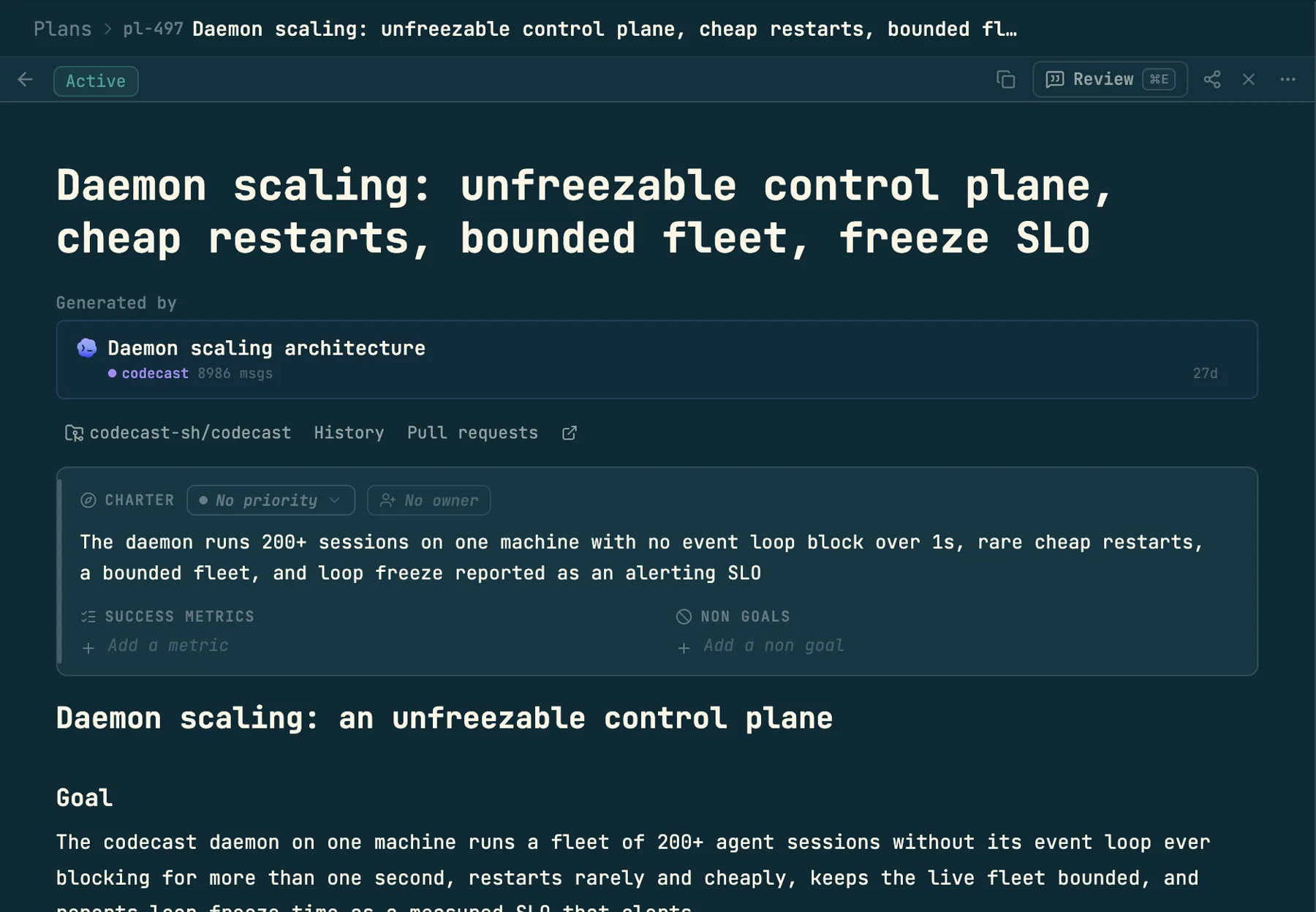 A plan page showing its goal, progress, tasks and comment timeline