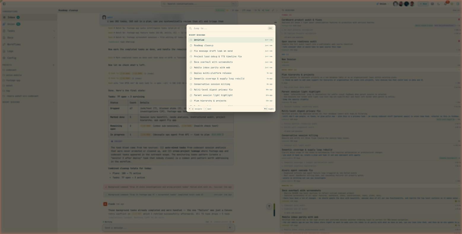 Command palette showing recent sessions, quick actions, and entity search