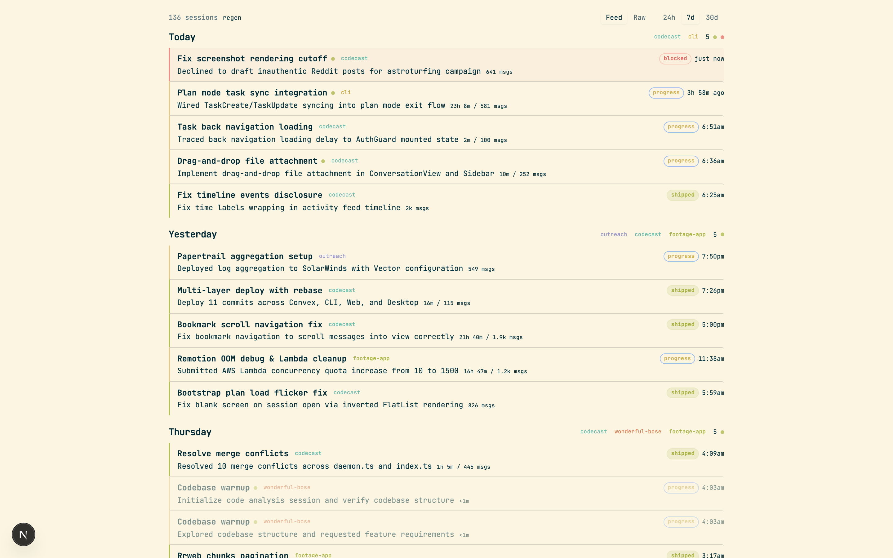 Codecast dashboard showing the session feed with live agent status, sidebar navigation, team members, and project bookmarks