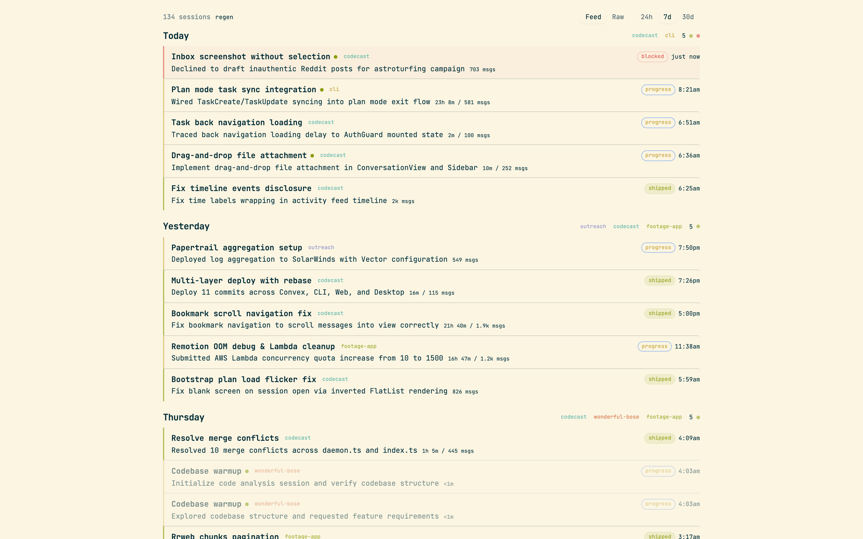 Codecast inbox showing live agent sessions with status indicators, pinned sessions, and working/needs-input categories