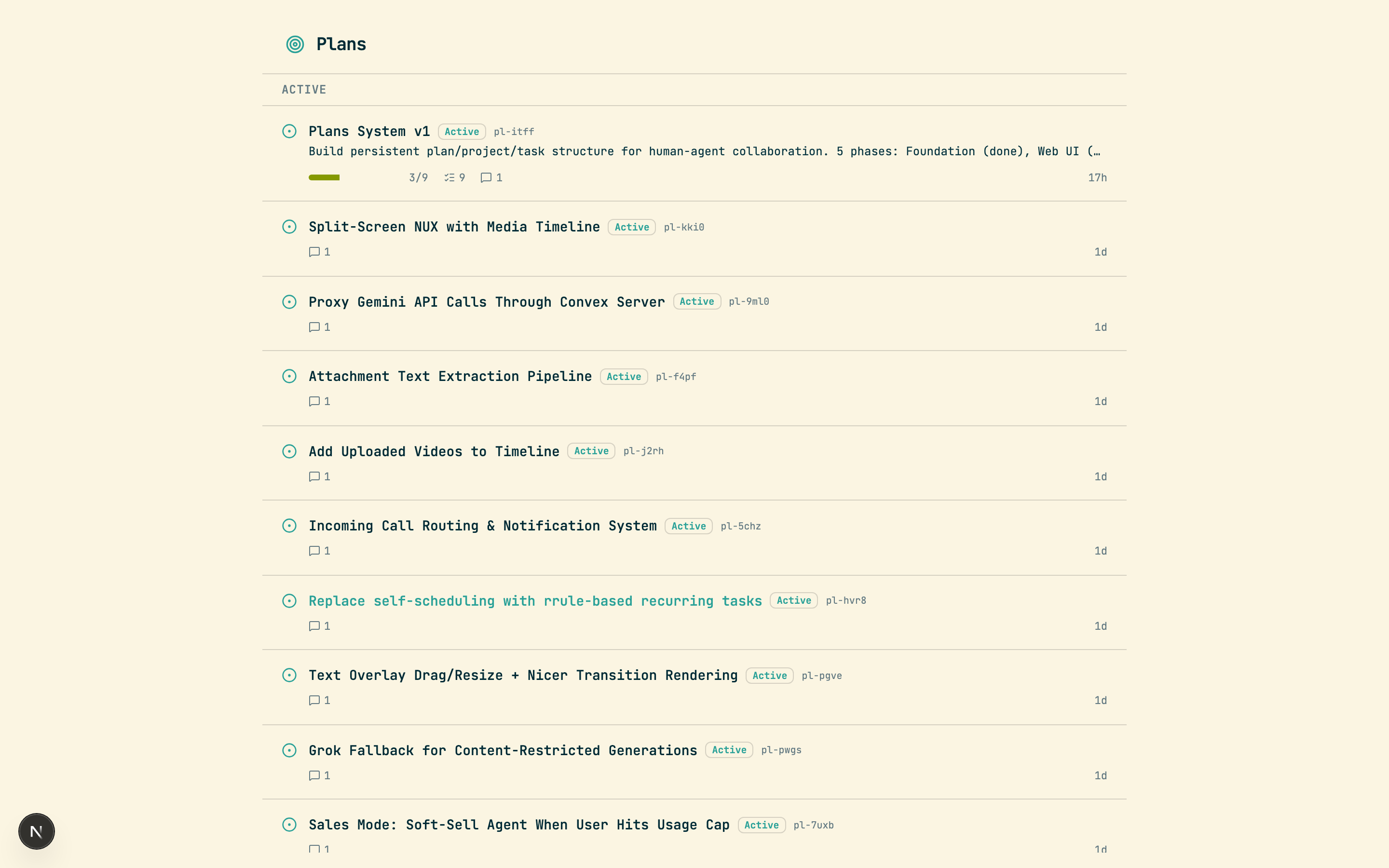 Codecast plans page showing active plans with status badges, task counts, and plan IDs