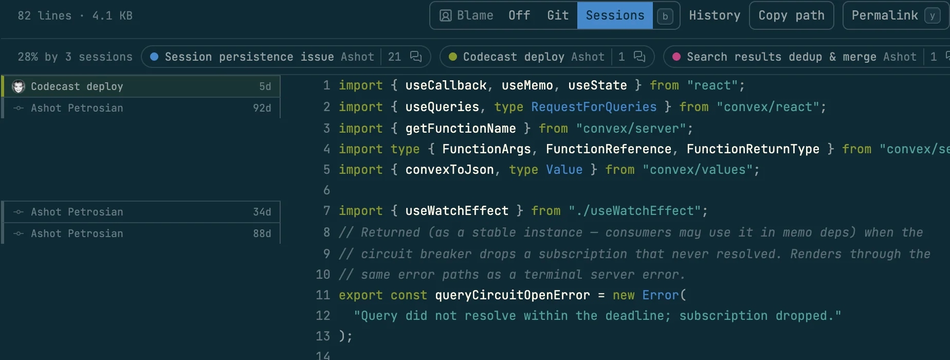 A file in codecast's repo view with Blame set to Sessions: a strip names the three sessions behind the file, and the gutter labels each line with its session and age